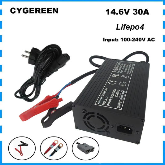 14.6V 30A Lifepo4 Fast Charger 4S 12V 12.8V Iron Phosphate Solar Energy Storage RV Golf Cart Battery Charger Alligator Clip