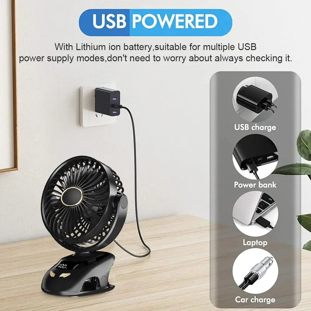 Small Desk Clip on Fan, Portable Personal USB Clip Fan for Home Office Travel Bed Stroller Camping Outdoor Golf Cart Fan
