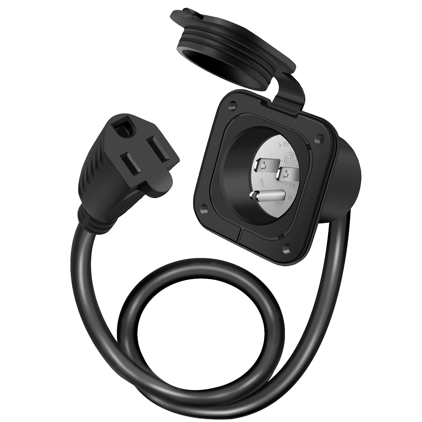 15 Amp AC Port Plug - 125V Power Inlet Socket with 18 Inch Extension Cord, Sh...