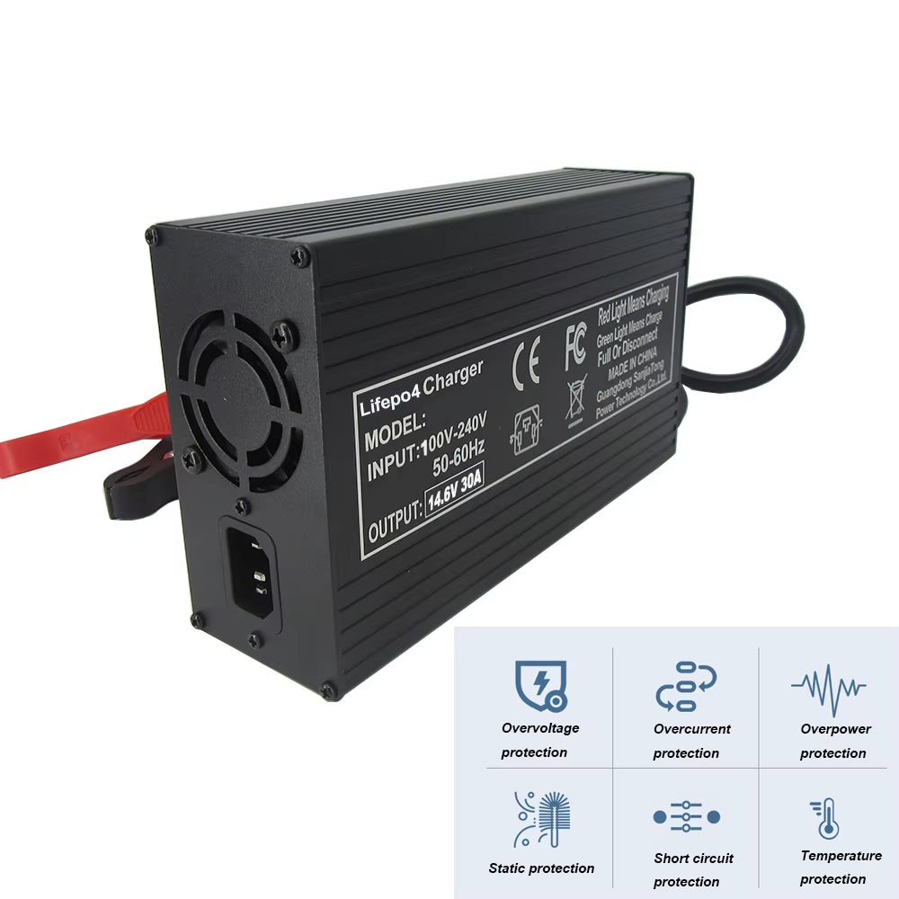 14.6V 30A Lifepo4 Fast Charger 4S 12V 12.8V Iron Phosphate Solar Energy Storage RV Golf Cart Battery Charger Alligator Clip