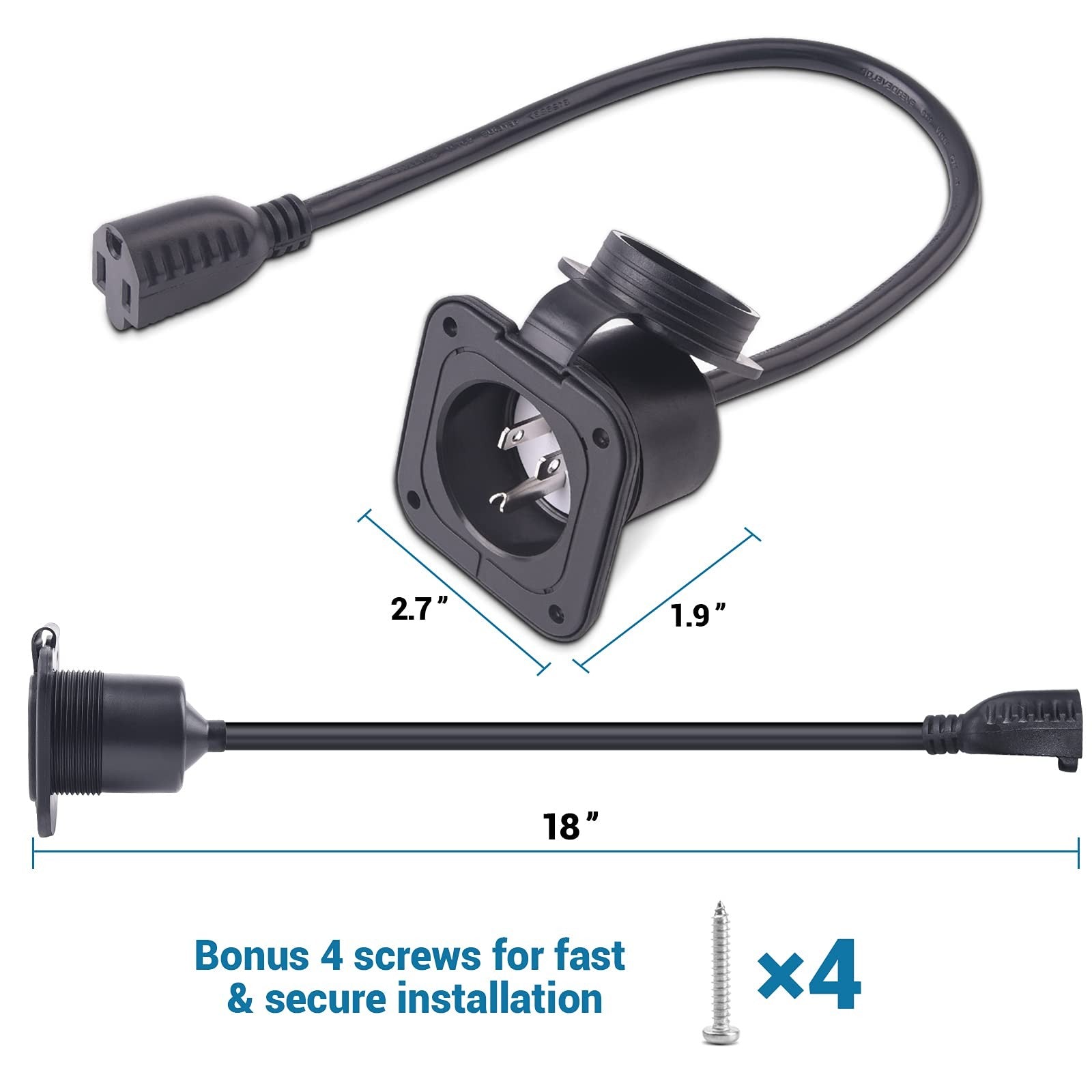 15 Amp AC Port Plug - 125V Power Inlet Socket with 18 Inch Extension Cord, Sh...